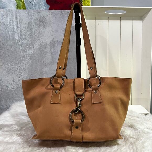 HOBO Leather Distressed Nubuck Antique Brass Double Handle Boho Bucket Tote Bag - Picture 1 of 16